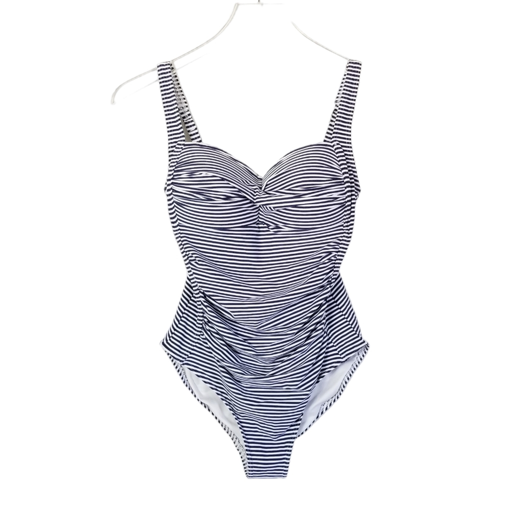 NIP TUCK Twist Front Multi Fit One Piece Swimsuit Size 6 Navy Blue White Stripes